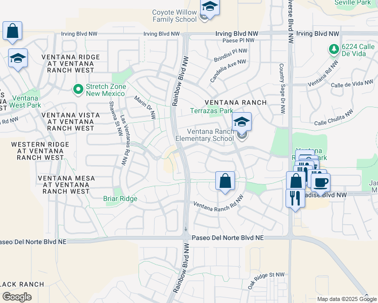 map of restaurants, bars, coffee shops, grocery stores, and more near 10032 Vista Cantera Lane Northwest in Albuquerque