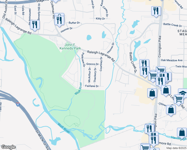 map of restaurants, bars, coffee shops, grocery stores, and more near 2555 Thackery Drive in Memphis