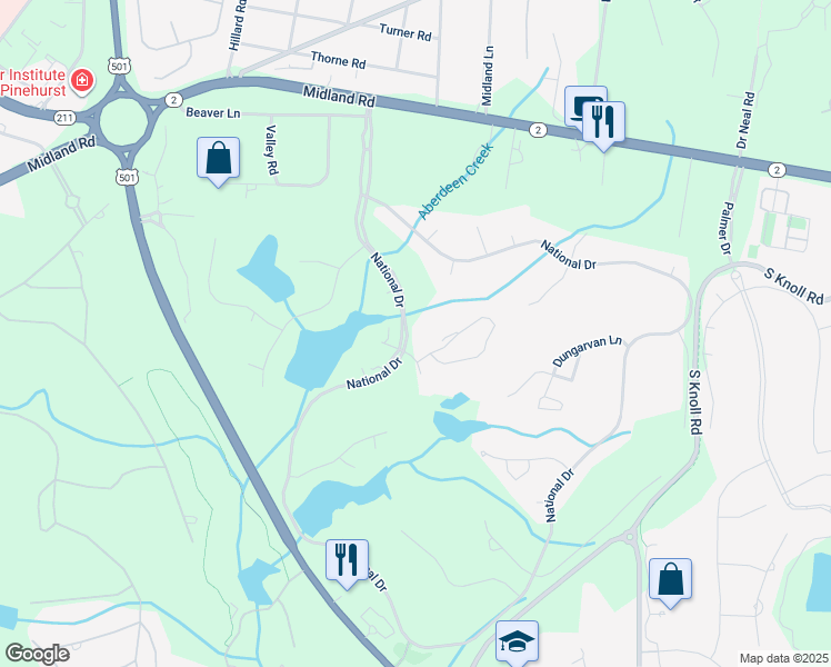 map of restaurants, bars, coffee shops, grocery stores, and more near 300 Cochran Castle Circle in Pinehurst