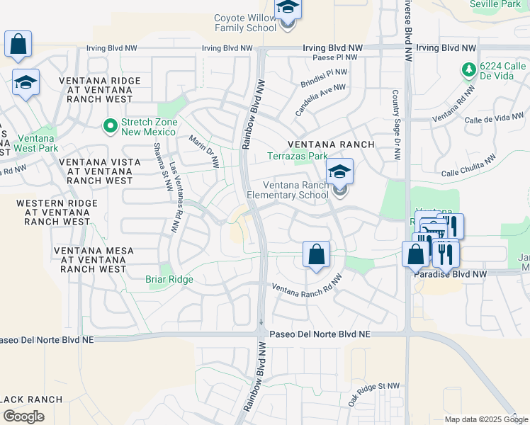 map of restaurants, bars, coffee shops, grocery stores, and more near 10032 Vista Cantera Lane Northwest in Albuquerque