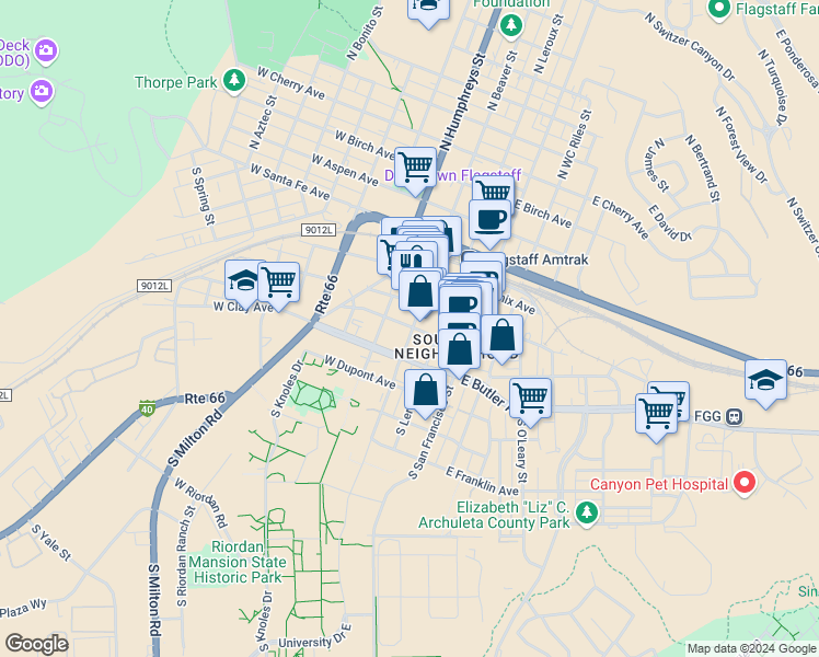 map of restaurants, bars, coffee shops, grocery stores, and more near 208 South Beaver Street in Flagstaff
