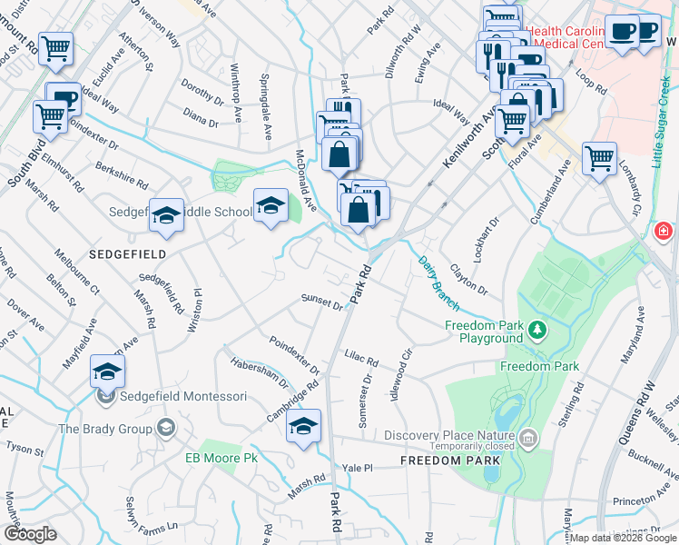 map of restaurants, bars, coffee shops, grocery stores, and more near in Charlotte