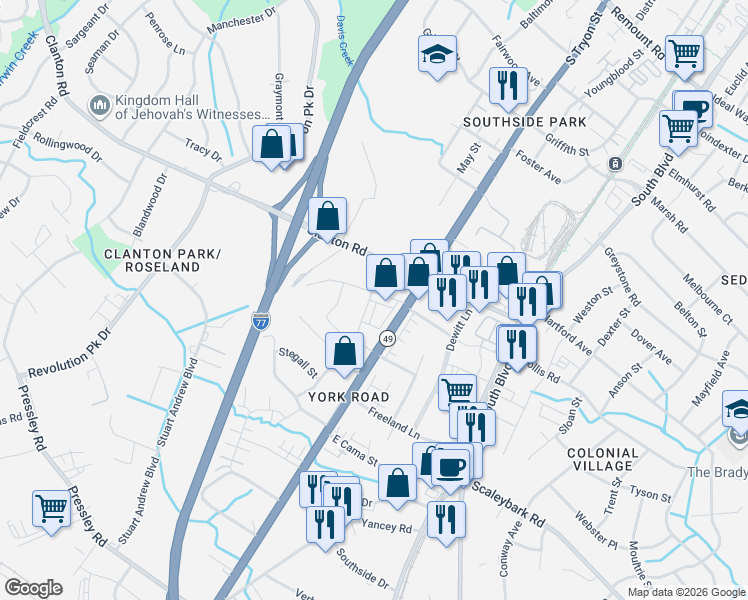 map of restaurants, bars, coffee shops, grocery stores, and more near 3722 South Tryon Street in Charlotte