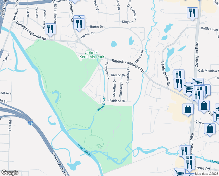 map of restaurants, bars, coffee shops, grocery stores, and more near 2525 Parkview Drive in Memphis