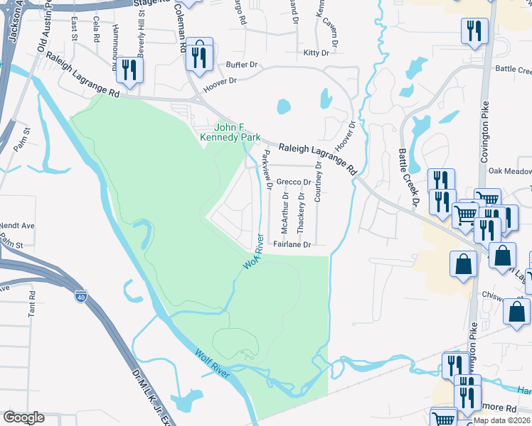 map of restaurants, bars, coffee shops, grocery stores, and more near 2525 Parkview Drive in Memphis