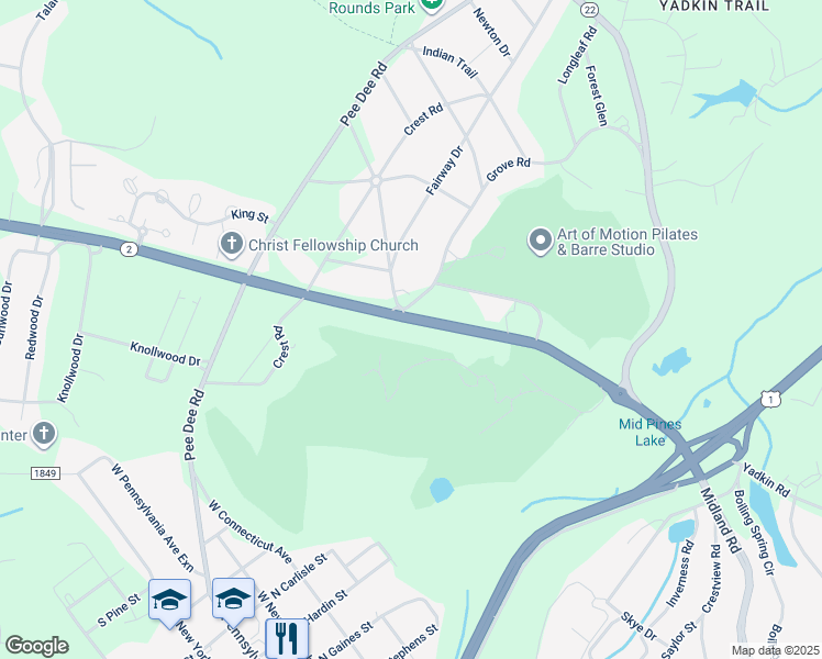map of restaurants, bars, coffee shops, grocery stores, and more near 1130 Midland Road in Southern Pines