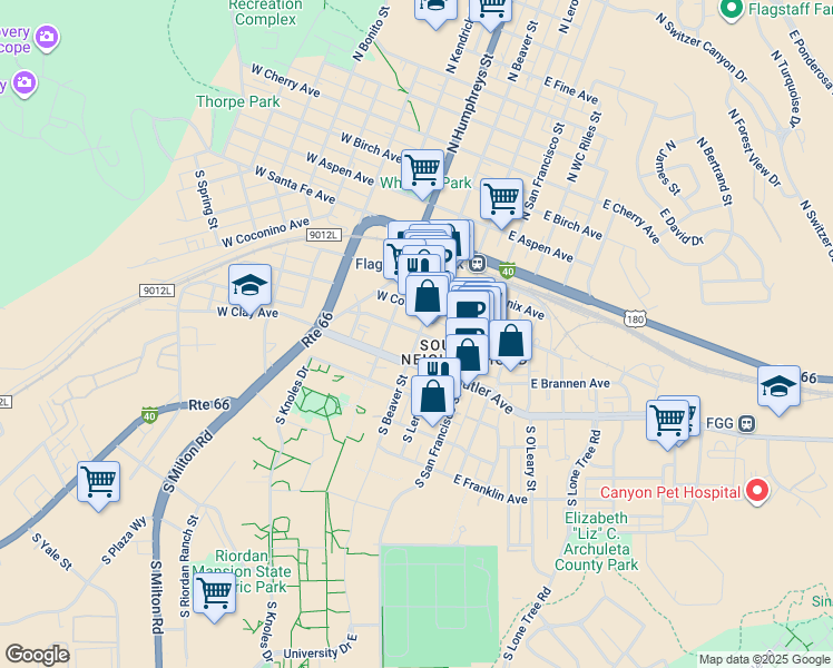 map of restaurants, bars, coffee shops, grocery stores, and more near 208 South Beaver Street in Flagstaff