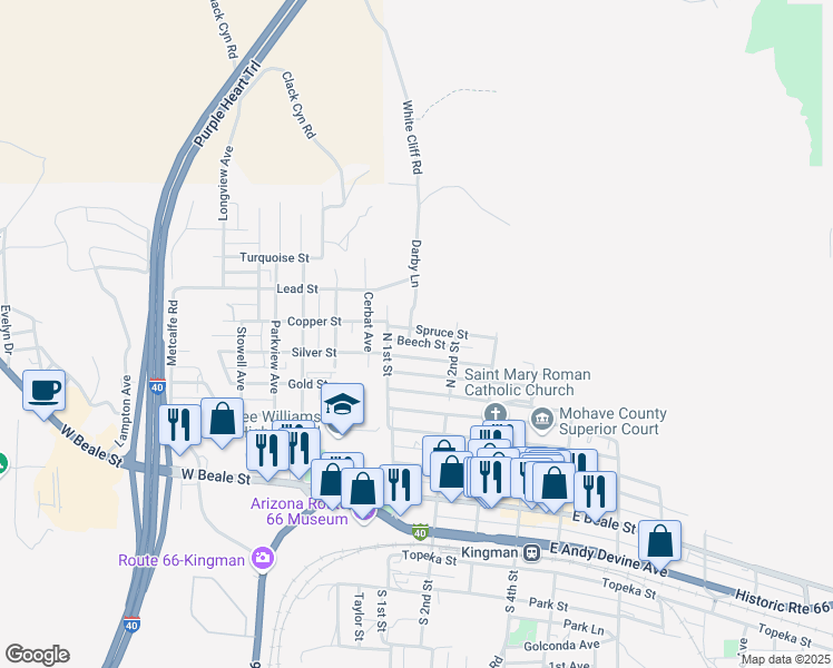 map of restaurants, bars, coffee shops, grocery stores, and more near 124 Spruce Street in Kingman