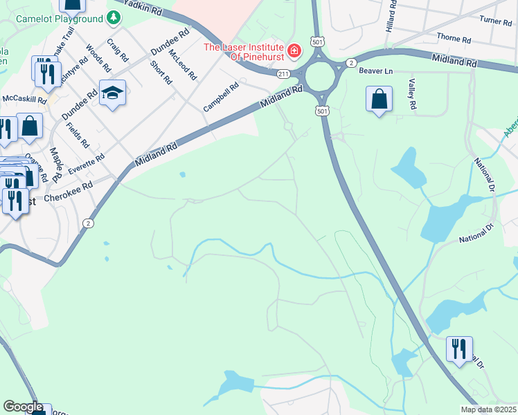 map of restaurants, bars, coffee shops, grocery stores, and more near 50 Braemar Road in Pinehurst