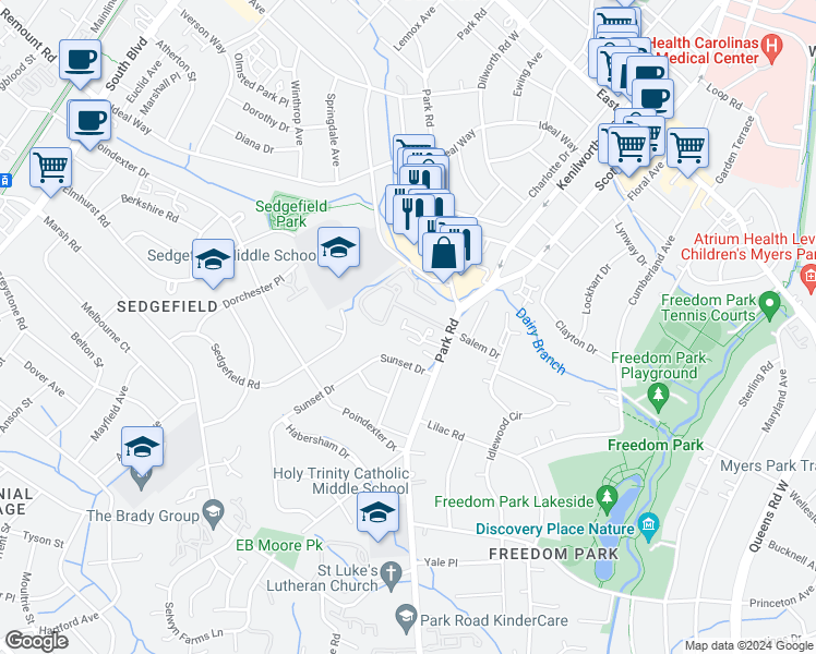 map of restaurants, bars, coffee shops, grocery stores, and more near 1080 Park West Drive in Charlotte