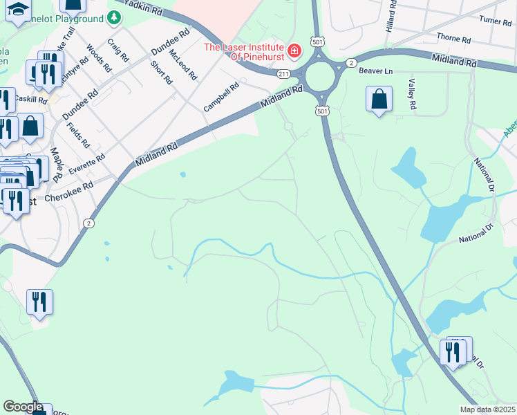 map of restaurants, bars, coffee shops, grocery stores, and more near 50 Braemar Road in Pinehurst