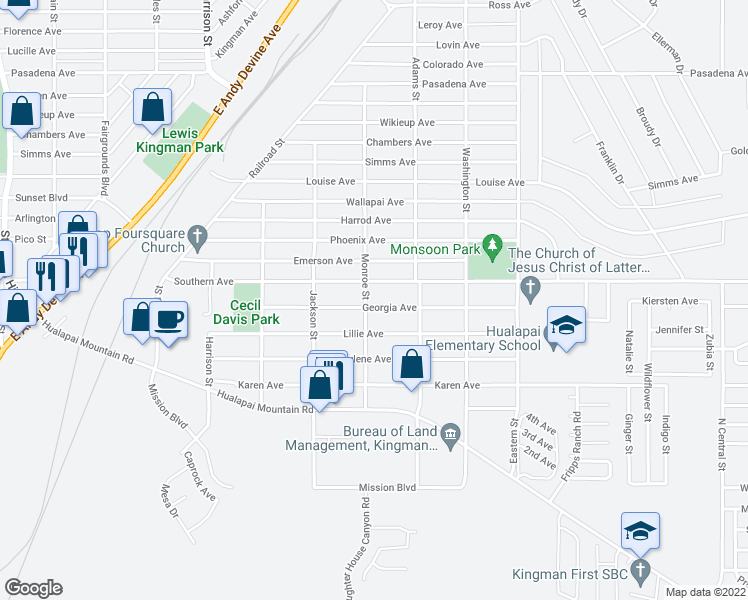 map of restaurants, bars, coffee shops, grocery stores, and more near 2601 Georgia Avenue in Kingman