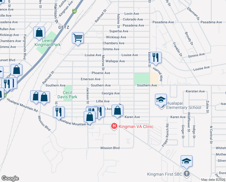 map of restaurants, bars, coffee shops, grocery stores, and more near 2626 Georgia Avenue in Kingman