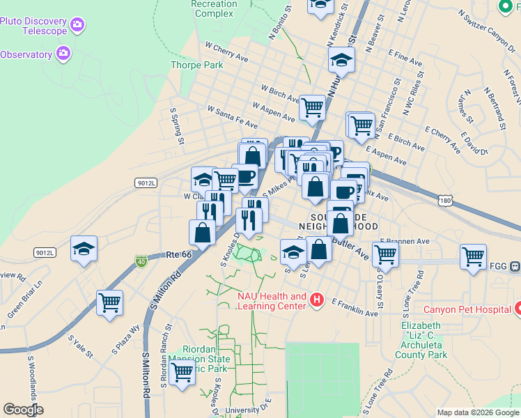 map of restaurants, bars, coffee shops, grocery stores, and more near 201 West Butler Avenue in Flagstaff