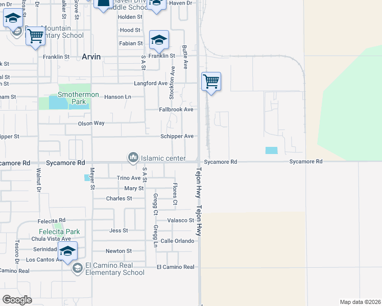 map of restaurants, bars, coffee shops, grocery stores, and more near Tejon Highway in Arvin