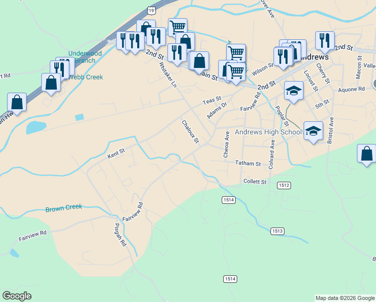 map of restaurants, bars, coffee shops, grocery stores, and more near 575 Fairview Road in Andrews