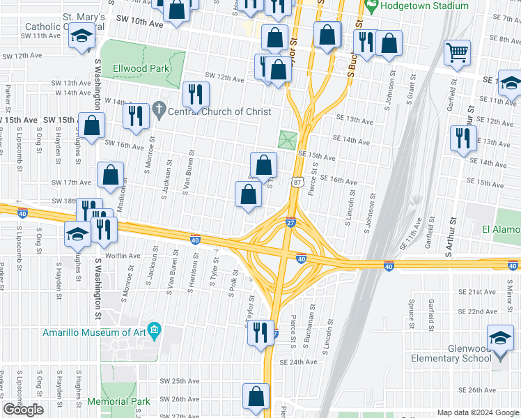 map of restaurants, bars, coffee shops, grocery stores, and more near 1700 South Taylor Street in Amarillo