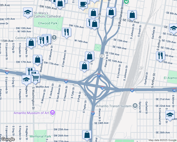 map of restaurants, bars, coffee shops, grocery stores, and more near 1700 South Taylor Street in Amarillo
