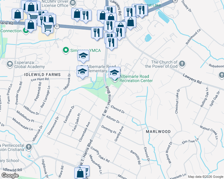 map of restaurants, bars, coffee shops, grocery stores, and more near 4939 Idlewild Road North in Mint Hill