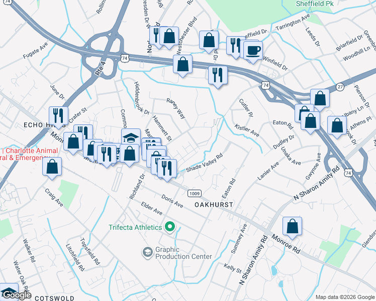 map of restaurants, bars, coffee shops, grocery stores, and more near in Charlotte