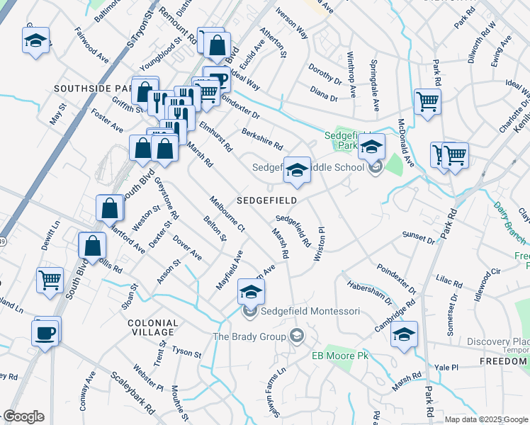 map of restaurants, bars, coffee shops, grocery stores, and more near 551 Melbourne Court in Charlotte