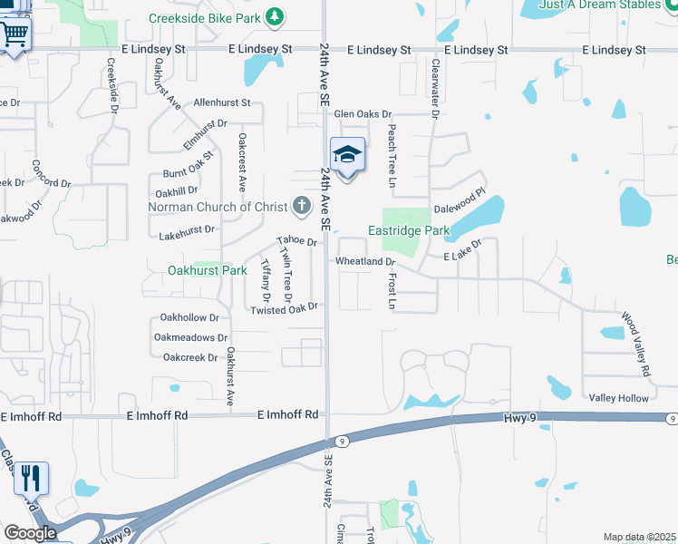 map of restaurants, bars, coffee shops, grocery stores, and more near 1914 Leeds Lane in Norman