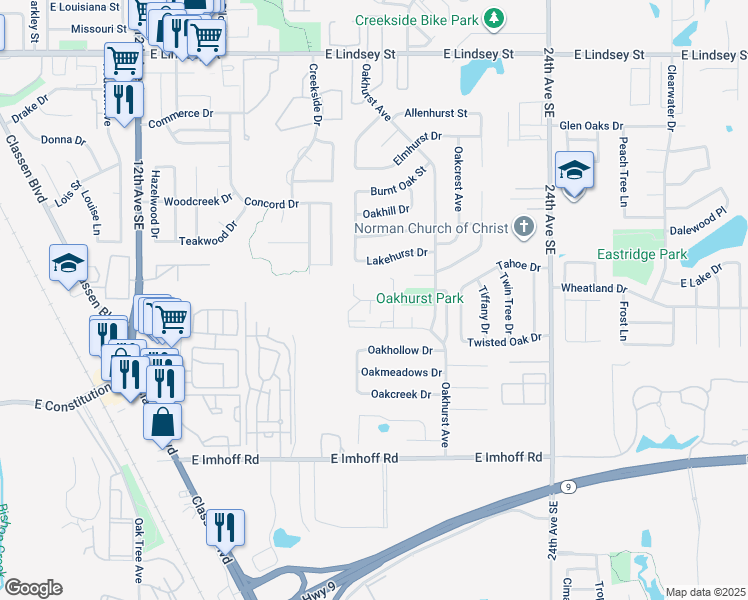 map of restaurants, bars, coffee shops, grocery stores, and more near 1906 Twisted Oak Drive in Norman