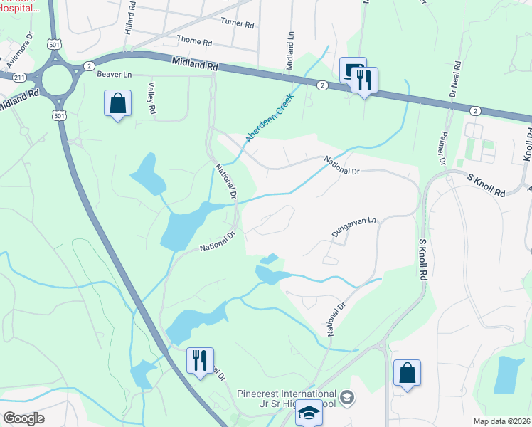 map of restaurants, bars, coffee shops, grocery stores, and more near 270 Cochran Castle Circle in Pinehurst