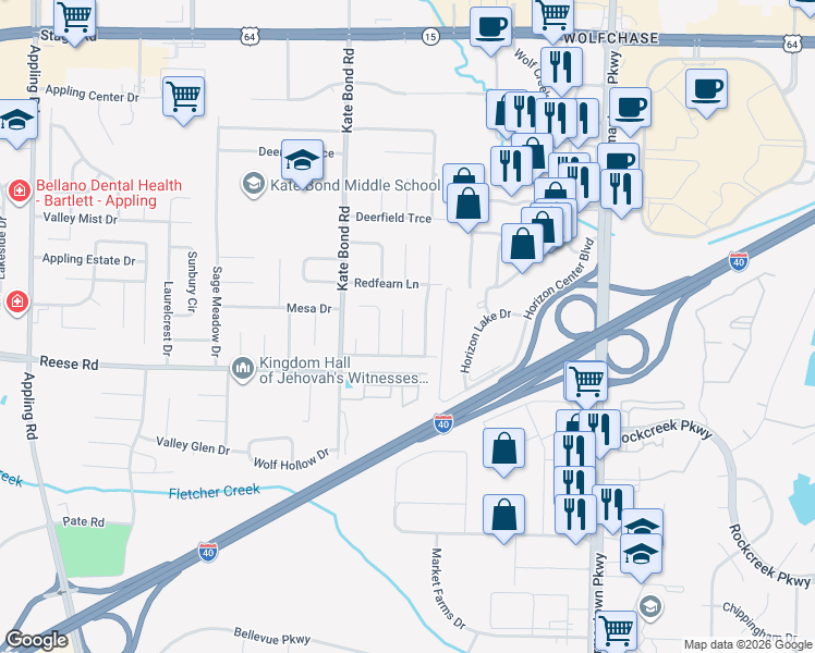 map of restaurants, bars, coffee shops, grocery stores, and more near 7868 Bland Lane in Memphis