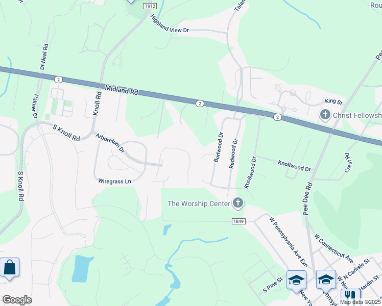map of restaurants, bars, coffee shops, grocery stores, and more near 285 North Bracken Fern Lane in Southern Pines