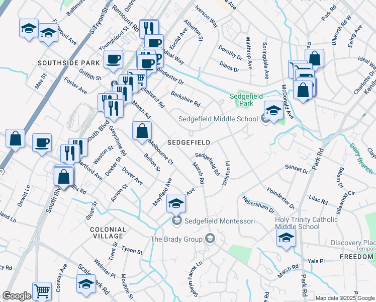 map of restaurants, bars, coffee shops, grocery stores, and more near 551 Melbourne Court in Charlotte