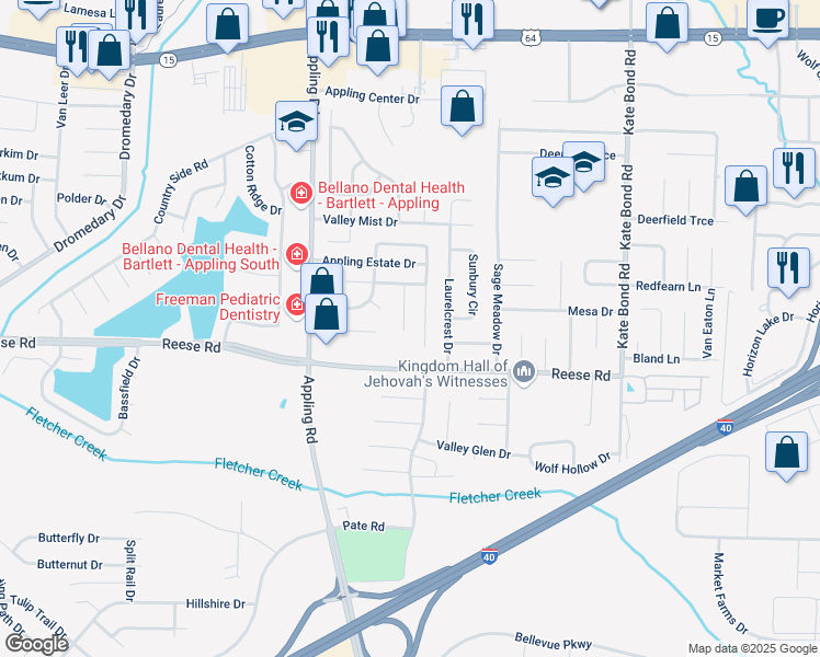 map of restaurants, bars, coffee shops, grocery stores, and more near 2552 Arborgreen Cove in Memphis