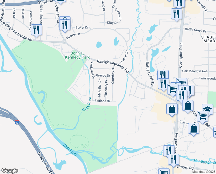 map of restaurants, bars, coffee shops, grocery stores, and more near 2585 Courtney Drive in Memphis