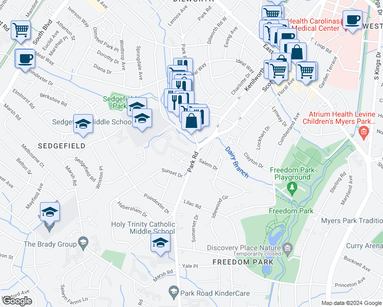 map of restaurants, bars, coffee shops, grocery stores, and more near 2500 Park Road in Charlotte