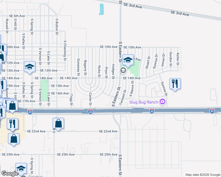 map of restaurants, bars, coffee shops, grocery stores, and more near 1405 Pryor Street in Amarillo