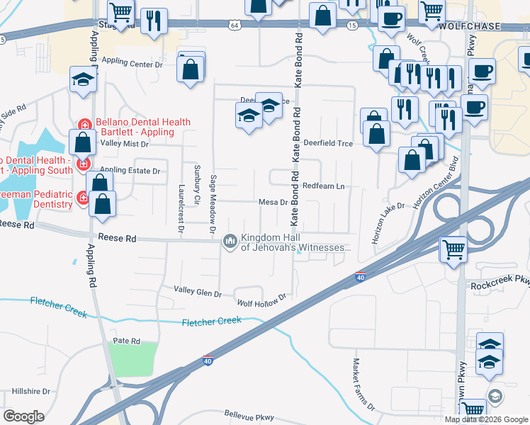 map of restaurants, bars, coffee shops, grocery stores, and more near 7742 Mesa Drive in Memphis