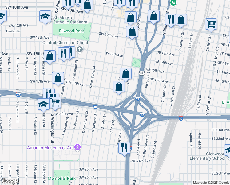 map of restaurants, bars, coffee shops, grocery stores, and more near 1700 South Polk Street in Amarillo