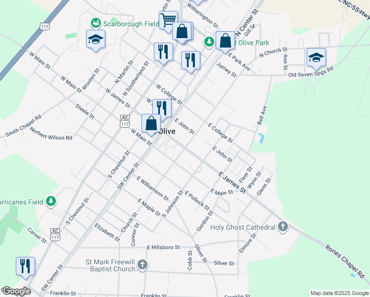 map of restaurants, bars, coffee shops, grocery stores, and more near 198 North Church Street in Mount Olive