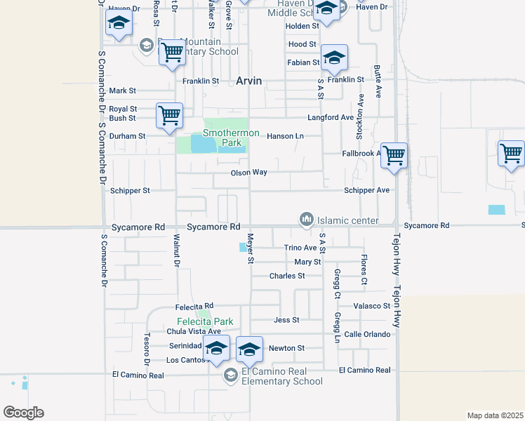 map of restaurants, bars, coffee shops, grocery stores, and more near 1011 Meyer Street in Arvin