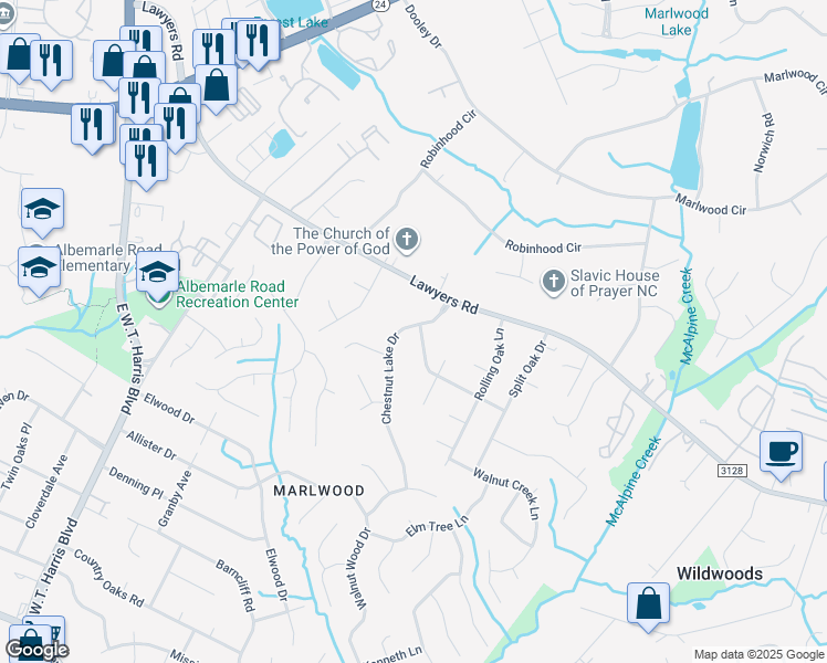 map of restaurants, bars, coffee shops, grocery stores, and more near 7700 Lawyers Road in Charlotte