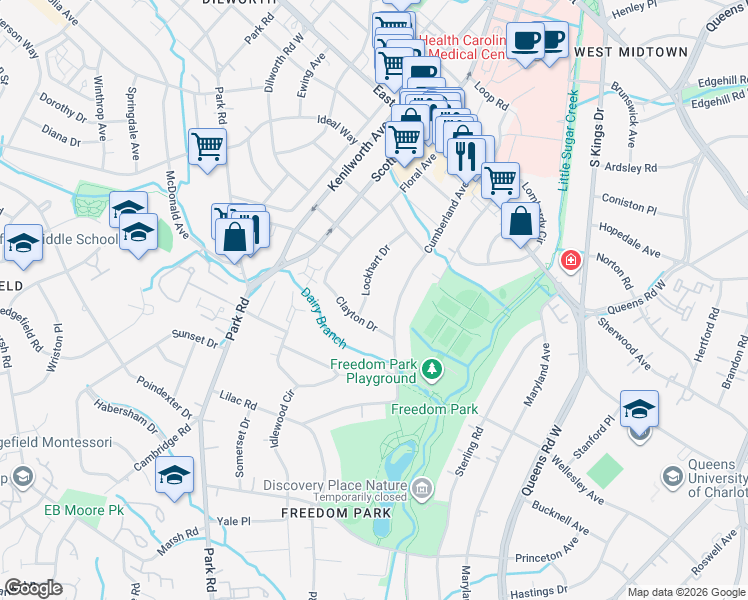 map of restaurants, bars, coffee shops, grocery stores, and more near 2209 Lockhart Drive in Charlotte