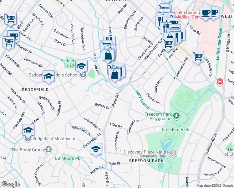 map of restaurants, bars, coffee shops, grocery stores, and more near 2500 Park Road in Charlotte