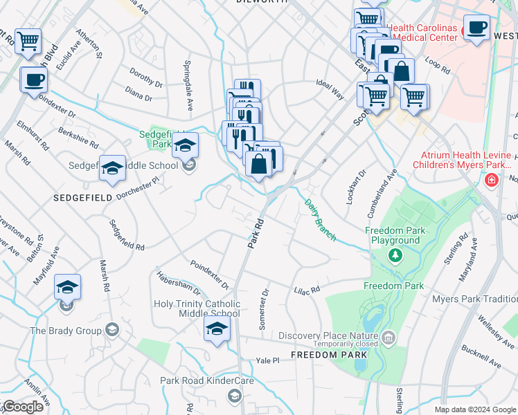 map of restaurants, bars, coffee shops, grocery stores, and more near 2500 Park Road in Charlotte