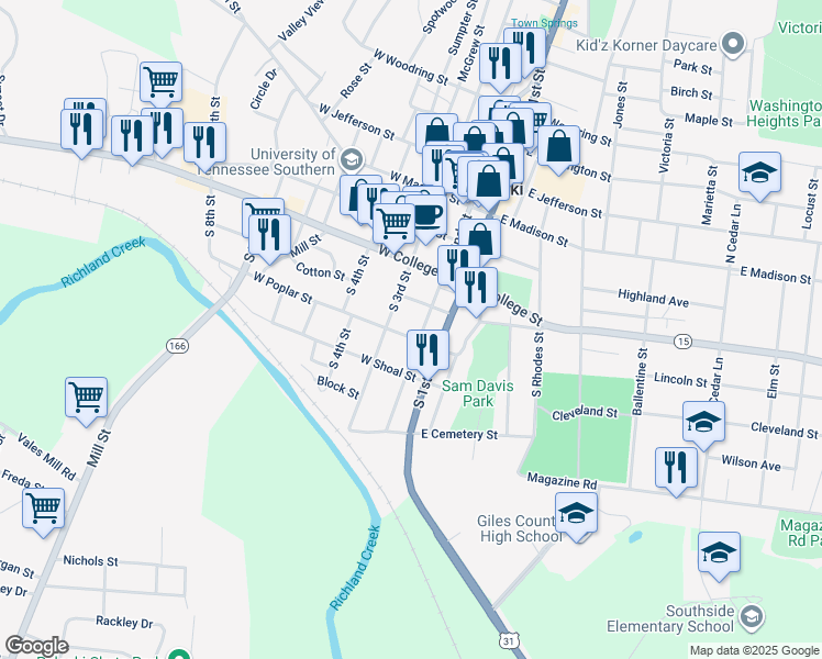 map of restaurants, bars, coffee shops, grocery stores, and more near 411 South 3rd Street in Pulaski