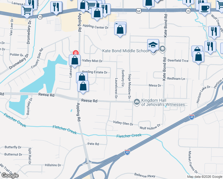 map of restaurants, bars, coffee shops, grocery stores, and more near 2579 Laurelcrest Drive in Memphis