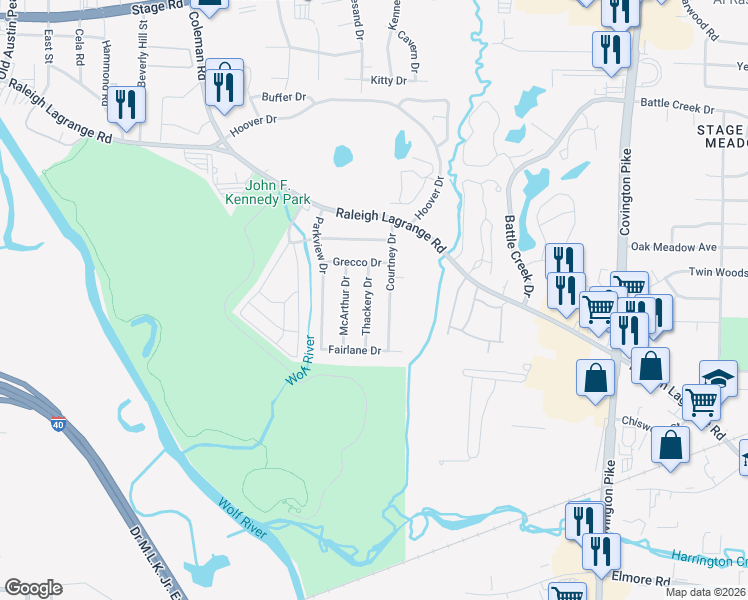 map of restaurants, bars, coffee shops, grocery stores, and more near 2585 Courtney Drive in Memphis