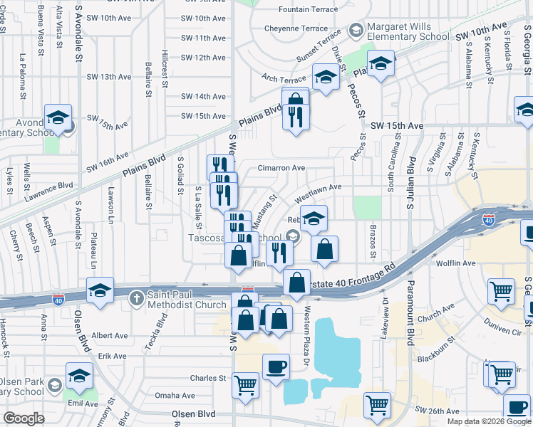 map of restaurants, bars, coffee shops, grocery stores, and more near 1811 Mustang Street in Amarillo