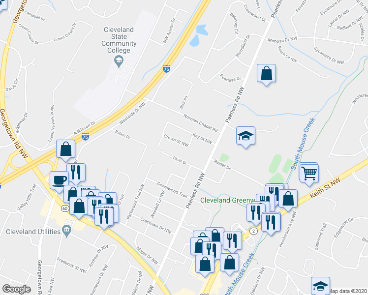 map of restaurants, bars, coffee shops, grocery stores, and more near 1223 Crown Street Northwest in Cleveland