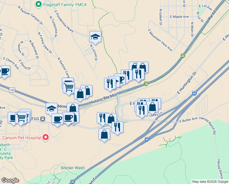map of restaurants, bars, coffee shops, grocery stores, and more near 1600 Historic Route 66 in Flagstaff