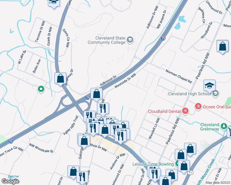 map of restaurants, bars, coffee shops, grocery stores, and more near 2900 Westside Drive Northwest in Cleveland